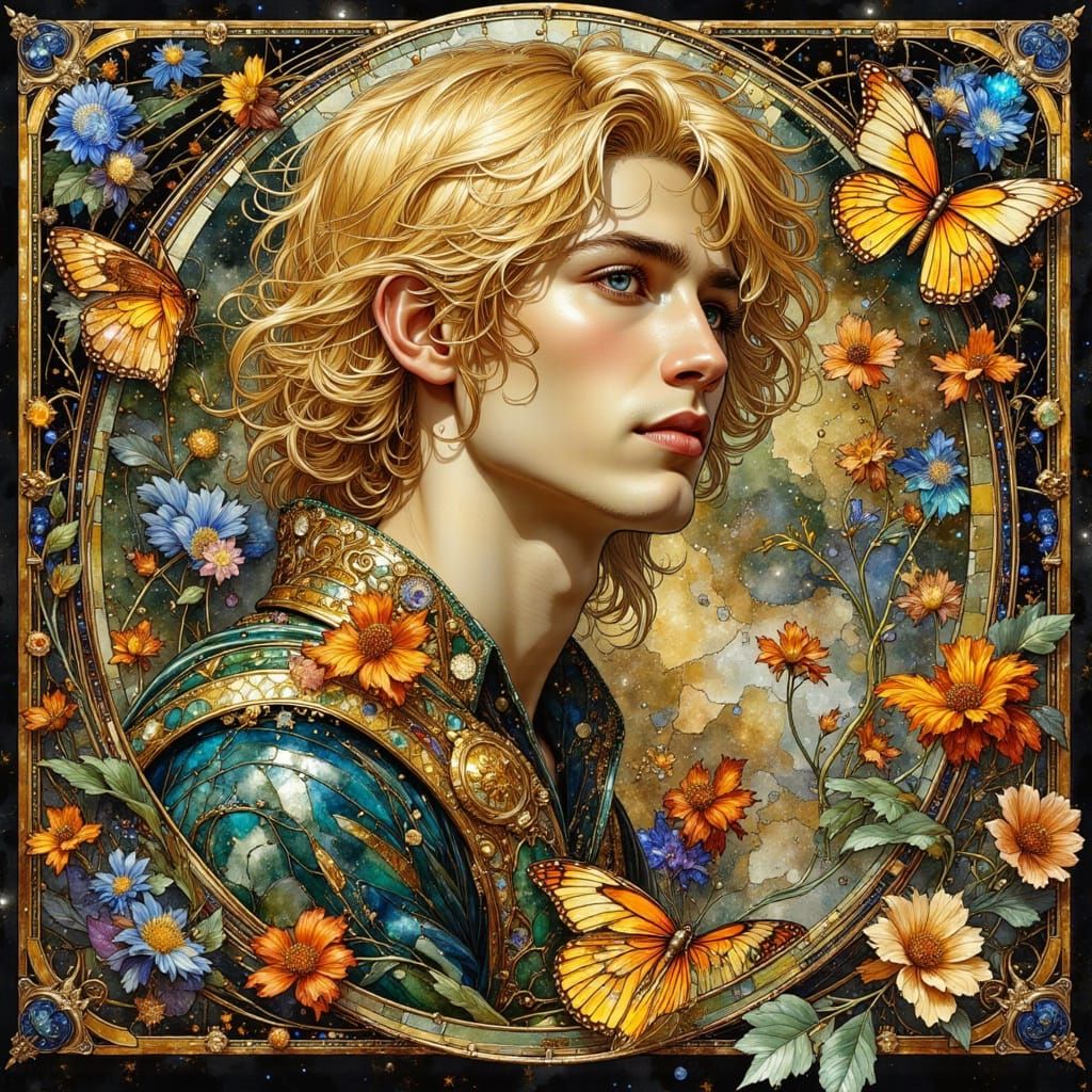 Art Nouveau Youth Surrounded by Butterflies
