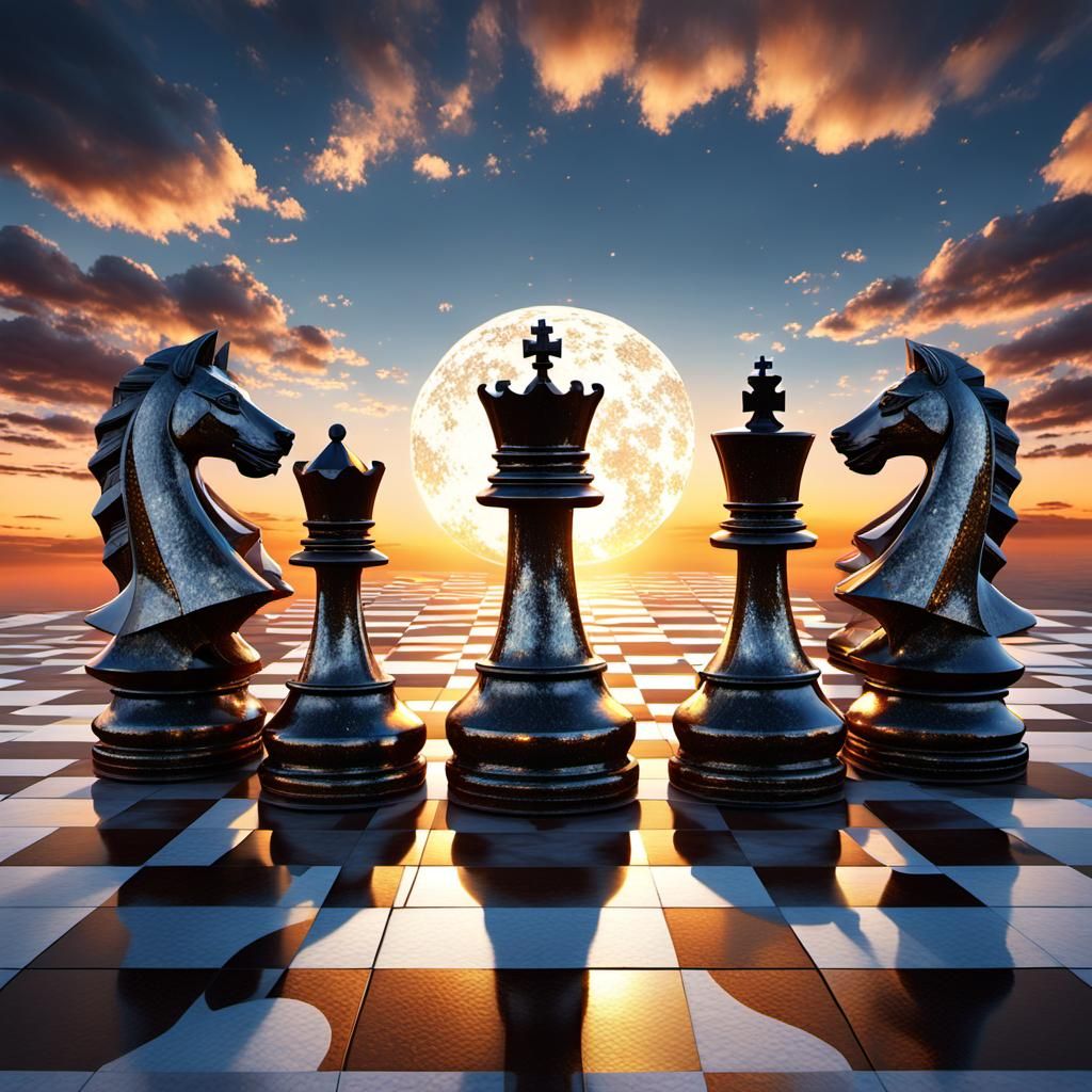 Celestial Chess Game at Sunset: Dark Fantasy Art