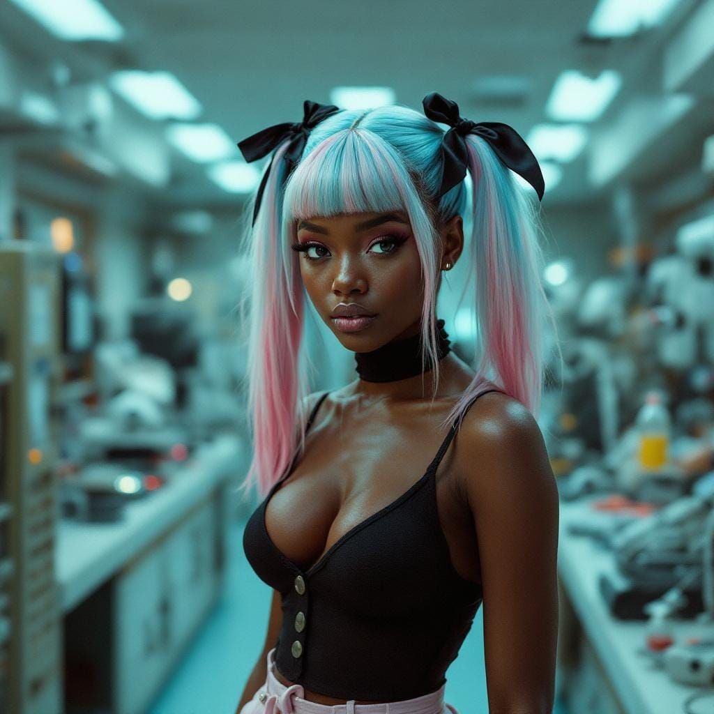 Pastel Goth Girl in Robotics Lab: Cinematic Style