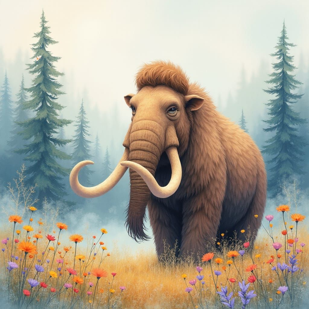 Woolly Mammoth in Floral Field: Dreamy Watercolor Portrait