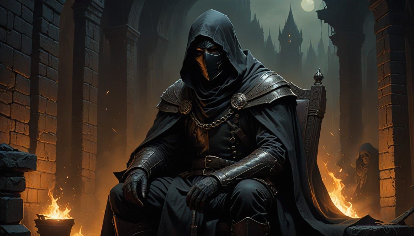 Medieval Rogue Waits in Shadows, Black Mask Concealing Ident...