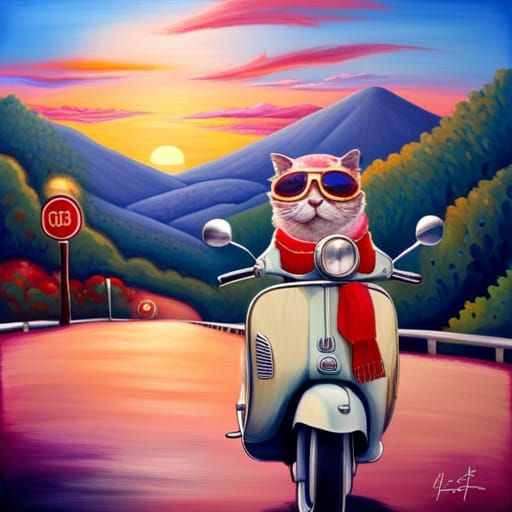 Cat in Elton John Style Driving Vespa, Candy Art