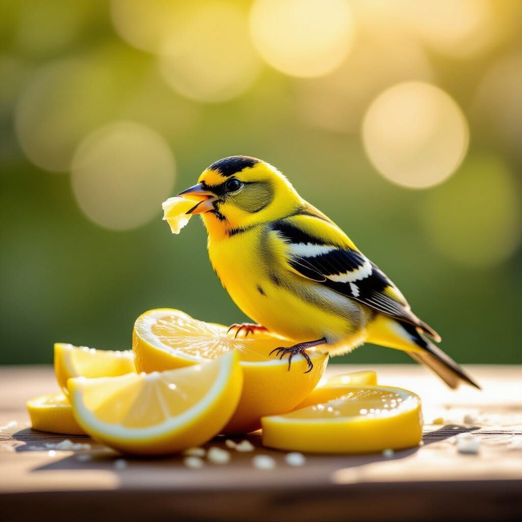 American Goldfinch Eating Lemon in Natural Light