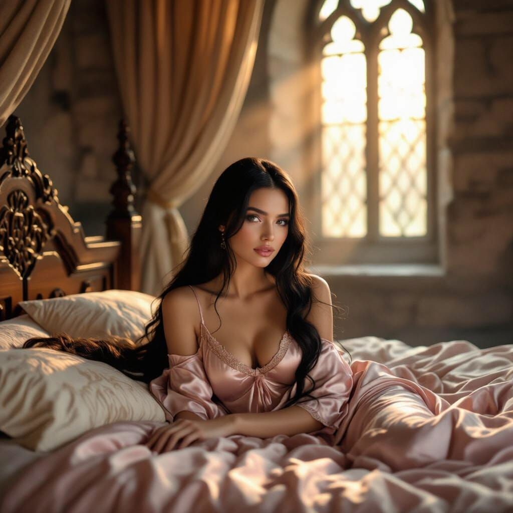 Photorealistic Medieval Scene: Woman in Pink Silk Nightgown