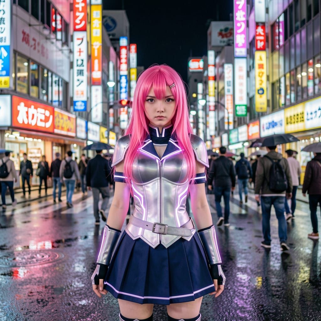 Pink-Haired Woman on Neon Tokyo Street, Anime IRL Style