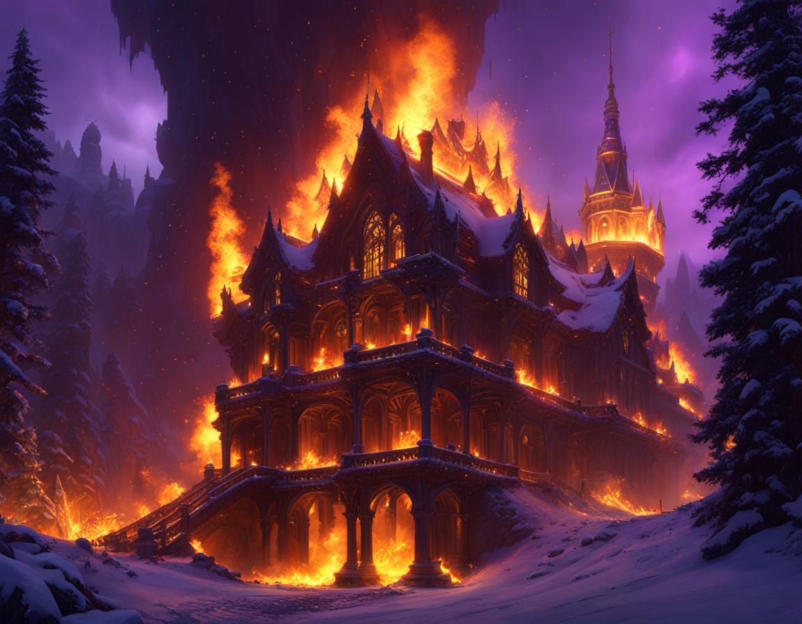 Fiery Snowscape in Dark Fantasy Concept Art