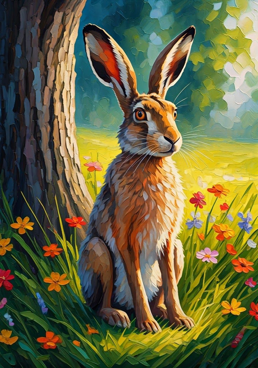 Vibrant Hares in a Whimsical Spring Landscape