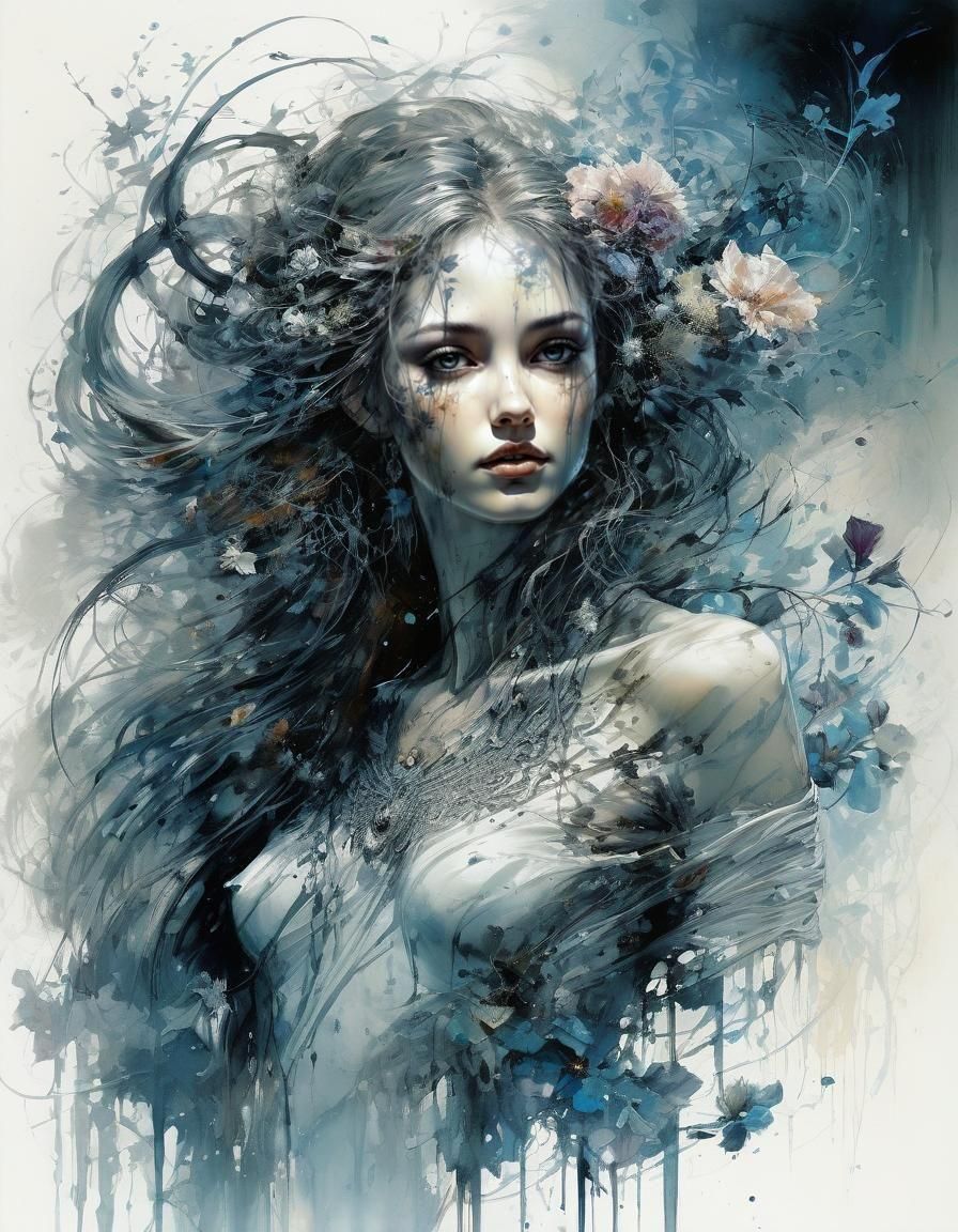 Ethereal Woman Portrait in Mixed Media Style