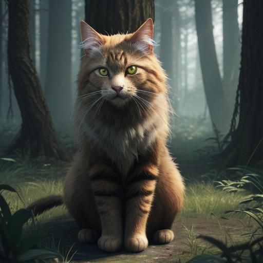 Woman and Cat Hybrid in Mystical Forest