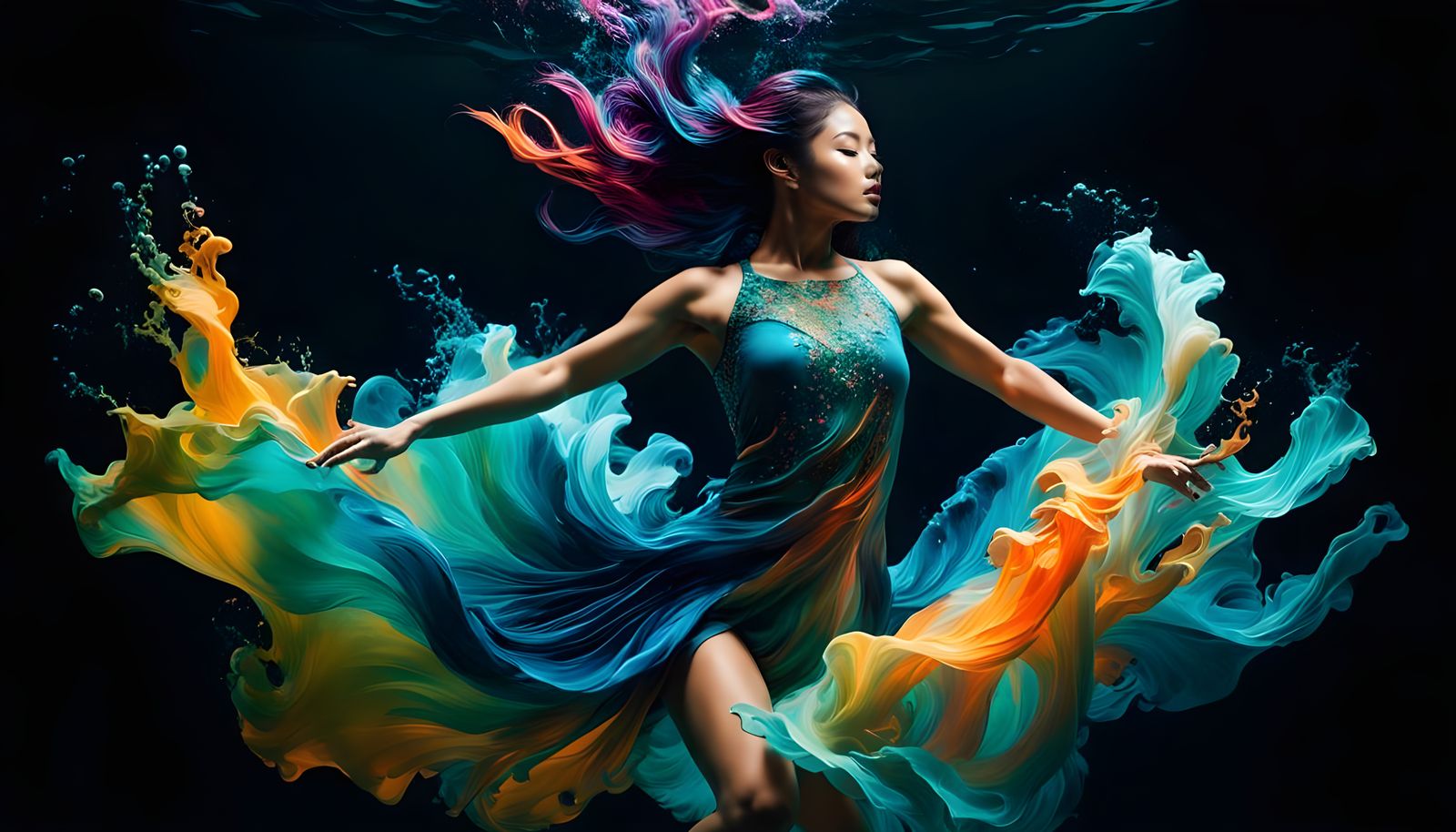 Ethereal Dancer in Bioluminescent, Fluid Art Style