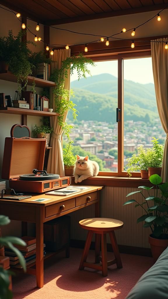 Cozy Bedroom with Cat, Ghibli-Inspired Anime Style