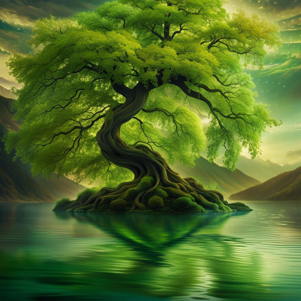 Willow Tree with Cloud Leaves and Blue Moon