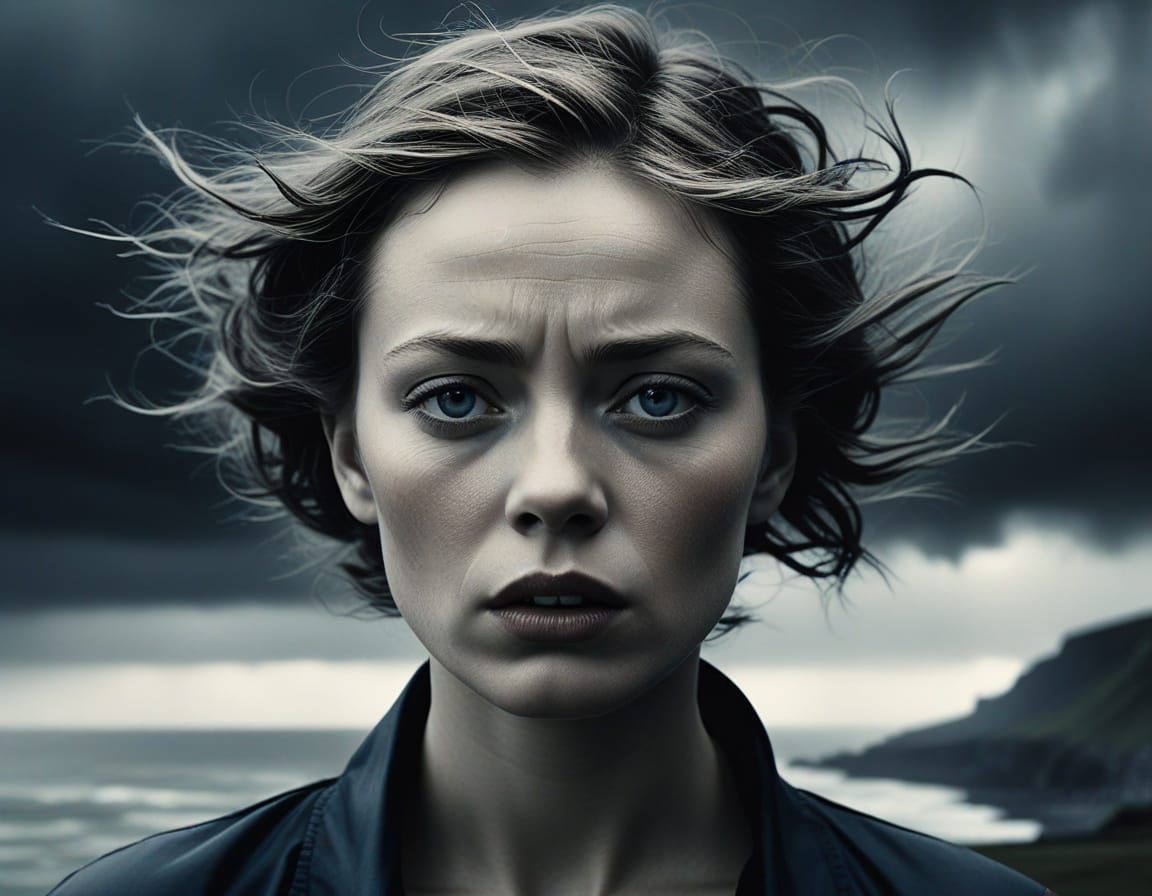 Distressed Woman at Beachy Head, in Photogravure Style