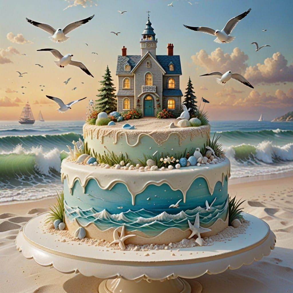 Summer Holiday Cake with Waves and Seagulls