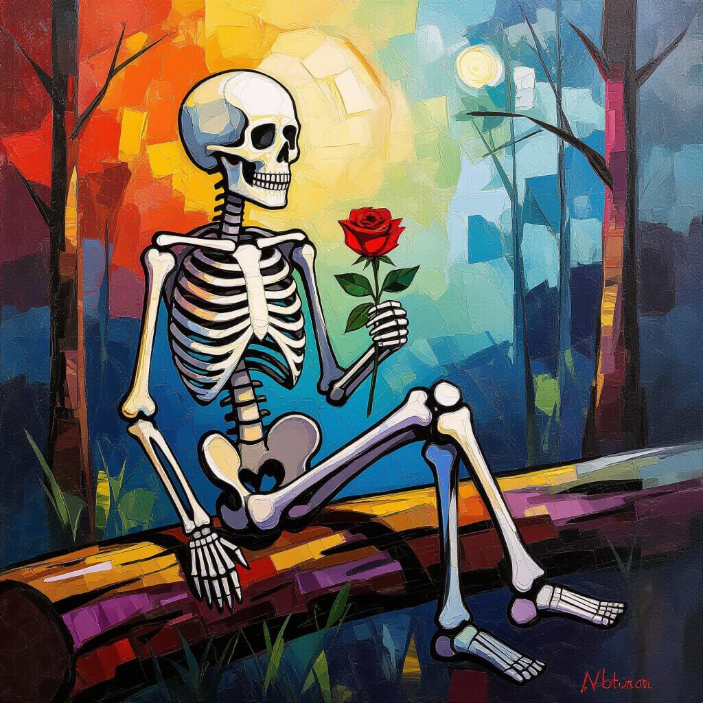 Skeleton with Rose in Neo-Impressionist Style