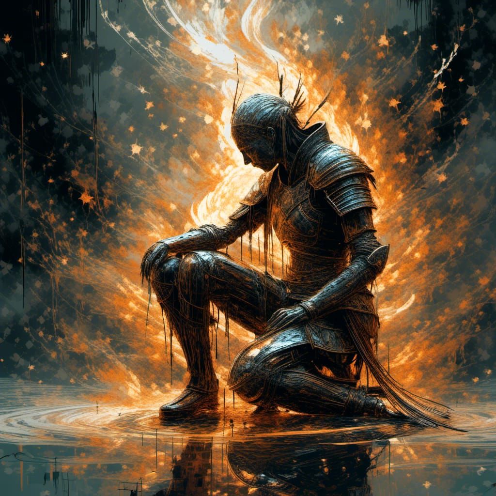 Defeated Warrior in Swirling Fire and Water