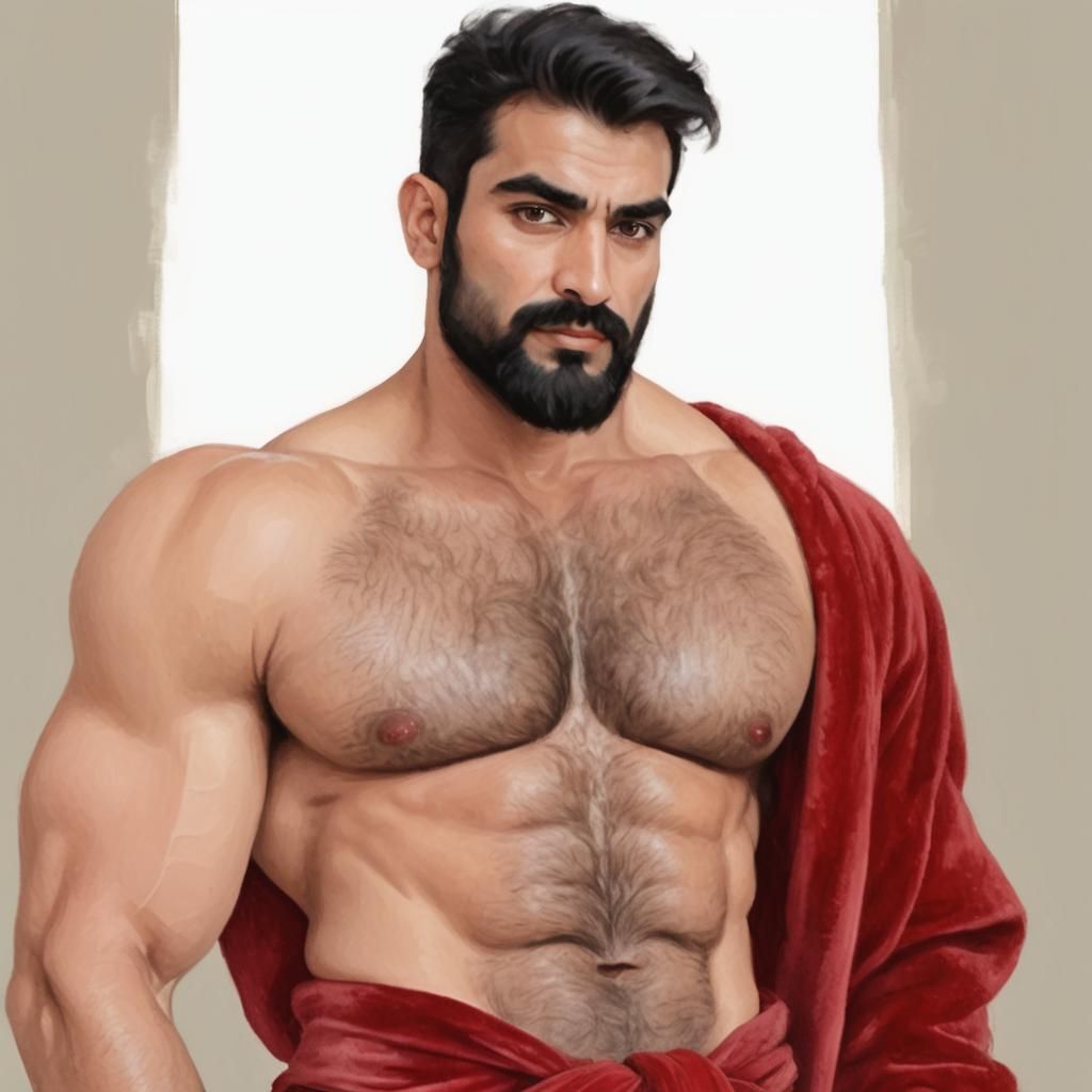Hirsute Pakistani Man in Red Velvet, Impressionist Oil Paint...