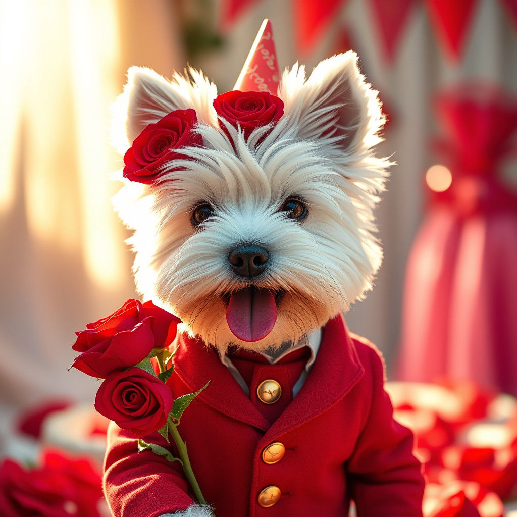 Westie in Red Suit Delivers Roses: Children's Book Art