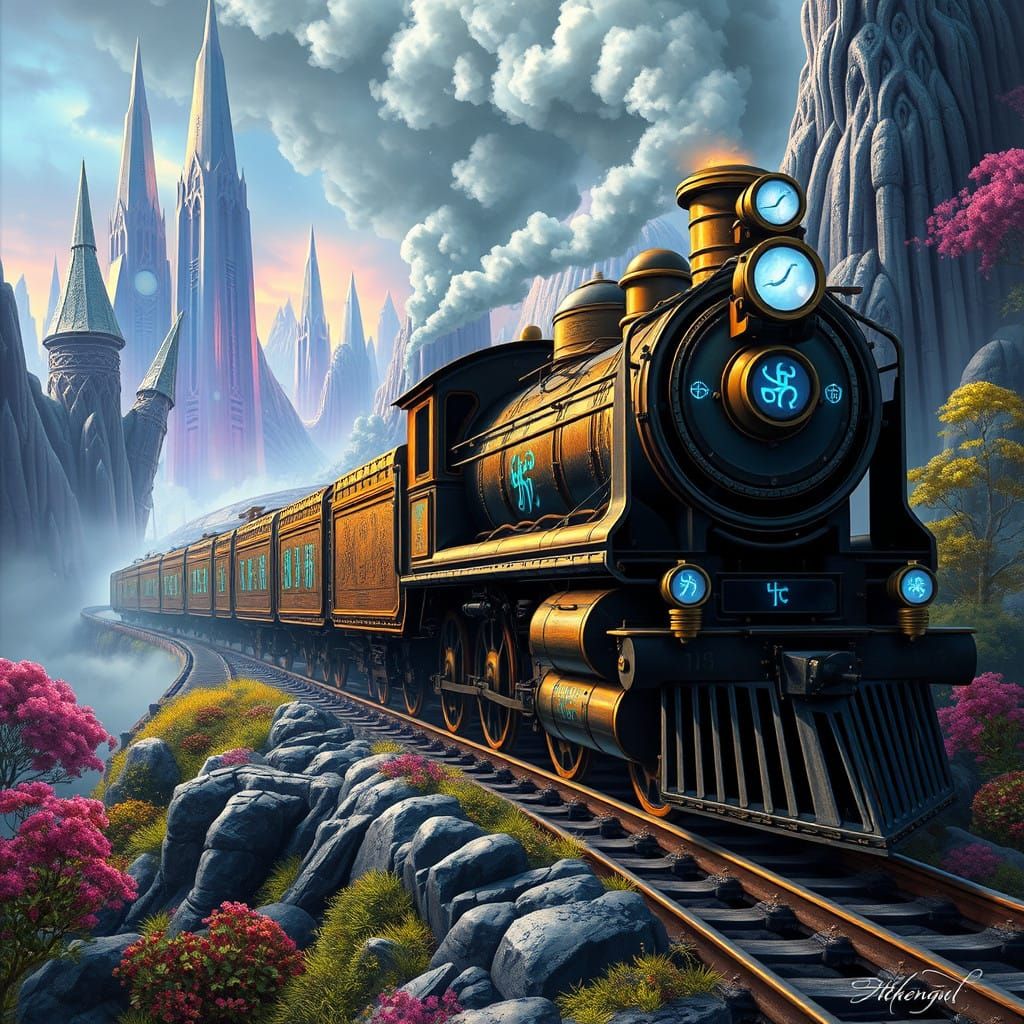 Steam-Powered Train in Vibrant Fantasy Landscape
