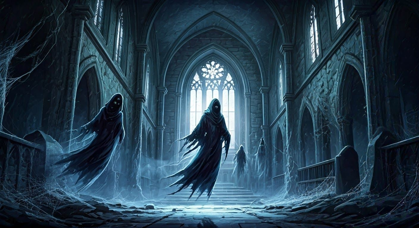 Ethereal Ghosts in Haunted Church, Dark Fantasy Art