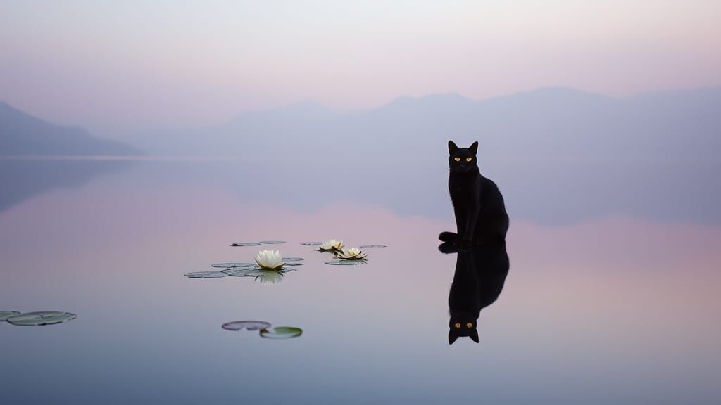 Black Cat's Reflection in Serene Mirror Lake