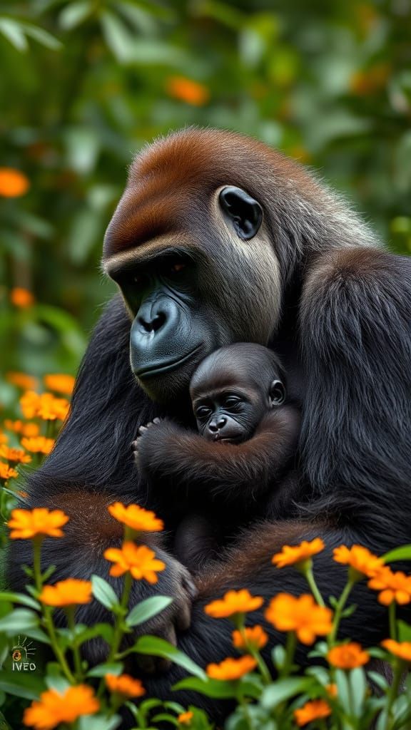 Mother Gorilla Tenderly Holds Her Baby in a Serene Lush Fore...
