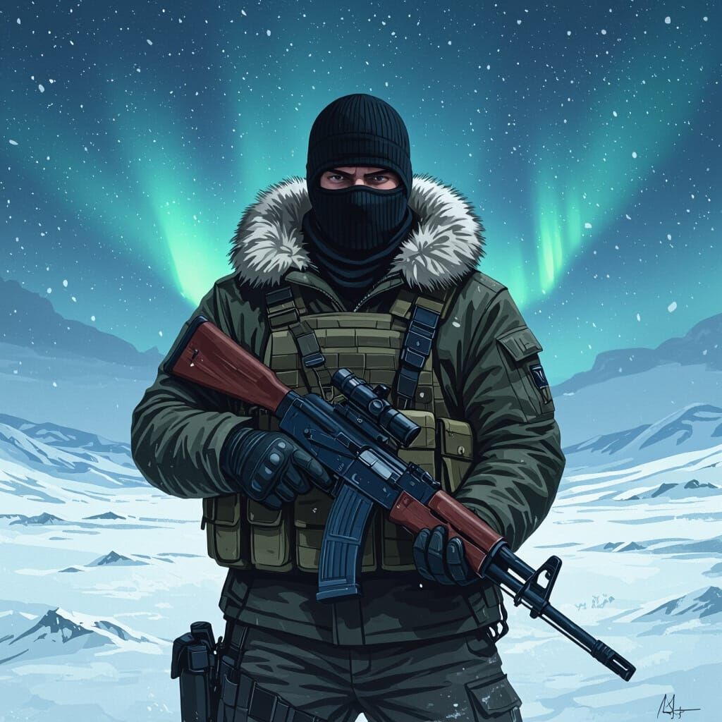 Arctic Soldier with AKMS Rifle in Gritty Digital Painting