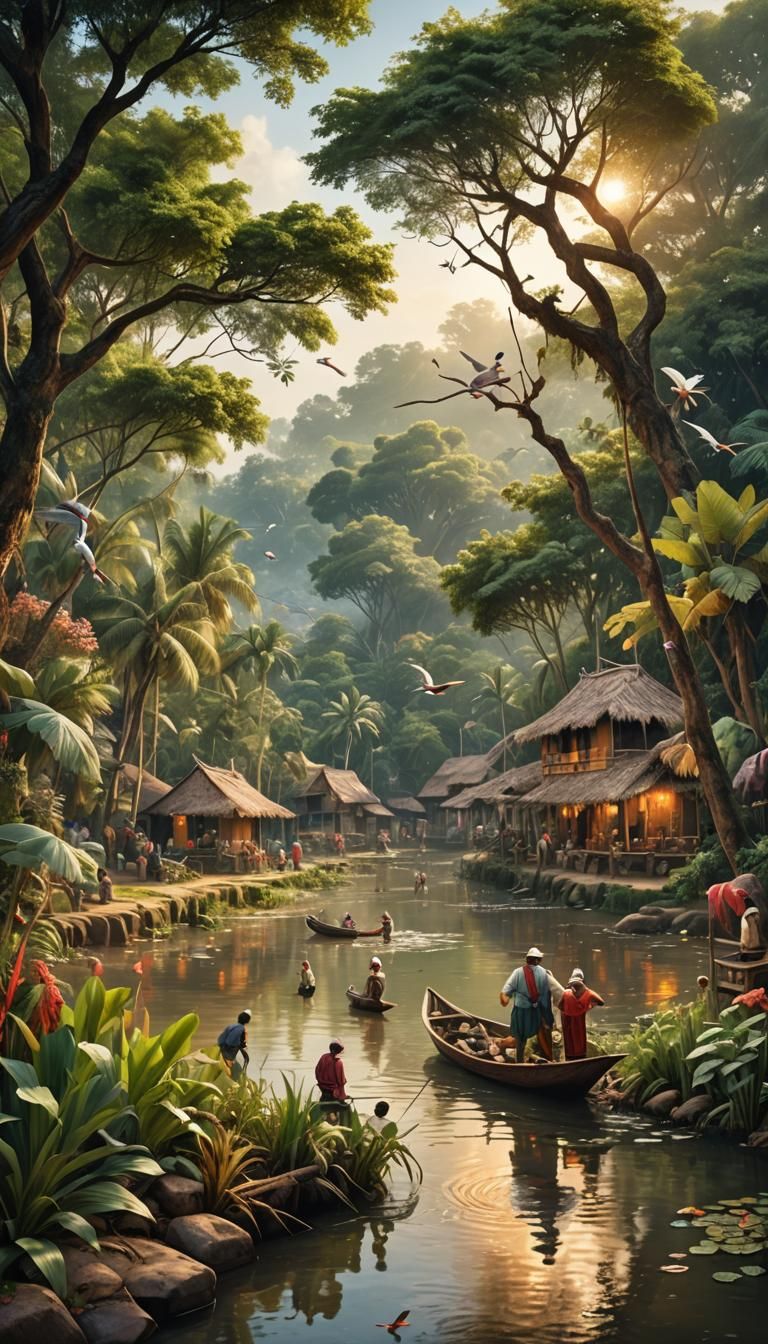 Hyperrealistic River Village with Lush Greenery