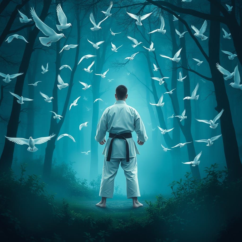 Ethereal Karate Practitioner in Mystical Forest