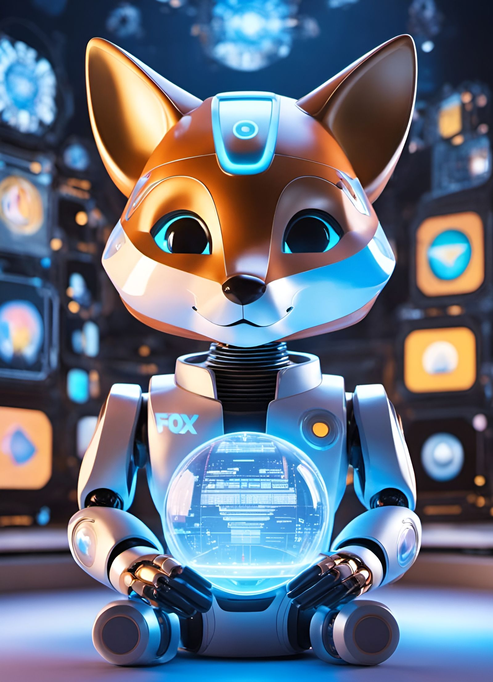 Friendly AI Robot Fox Mascot in Hologram
