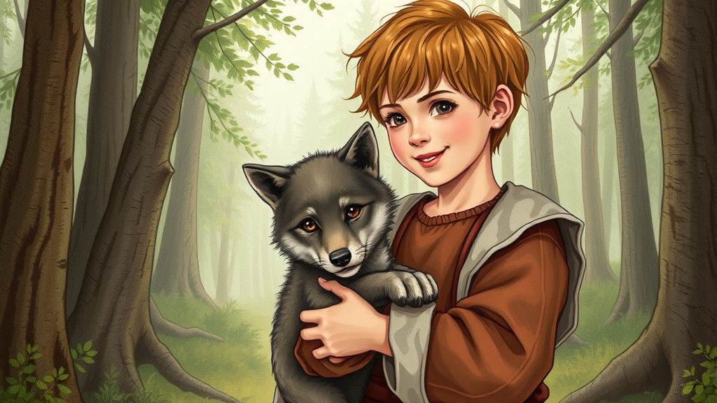 Boy Holds Wolf Cub in Ancient Forest