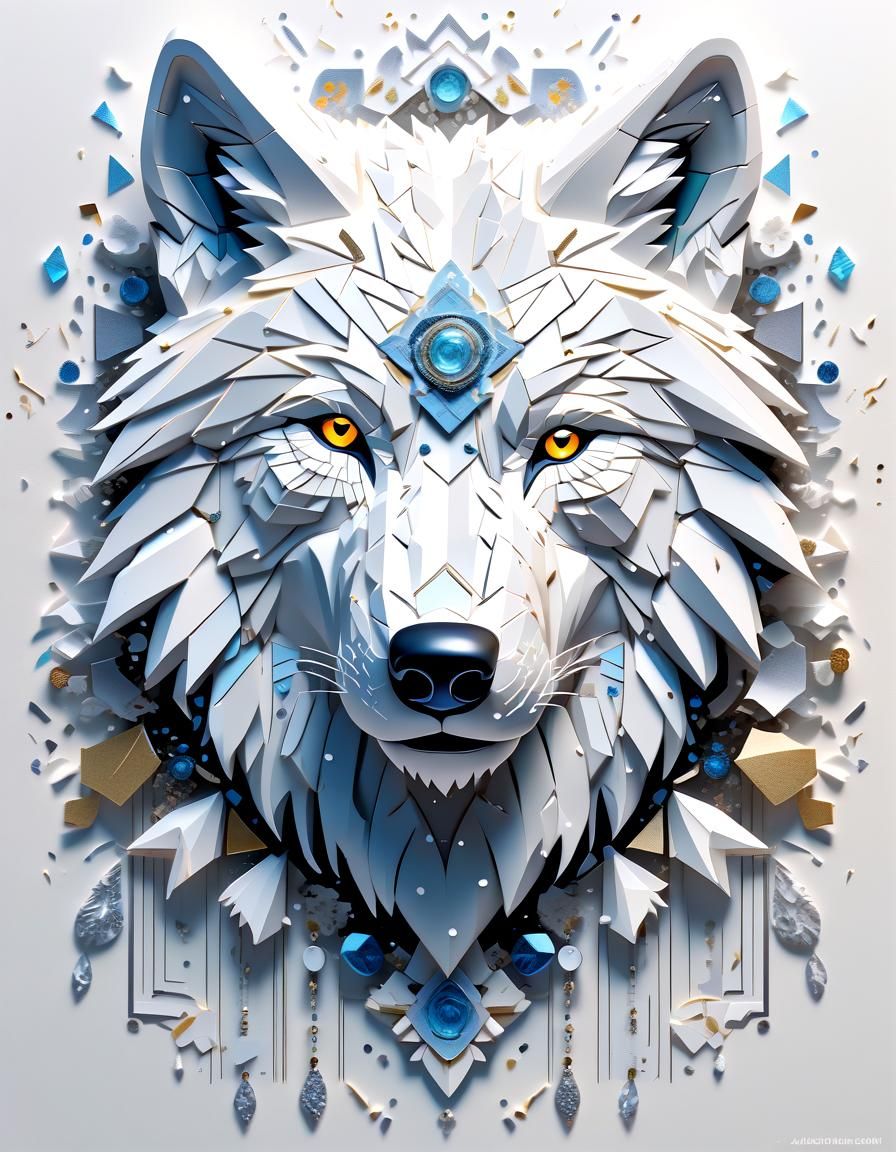 Ornate White Wolf Portrait in Hyperdetailed Digital Art