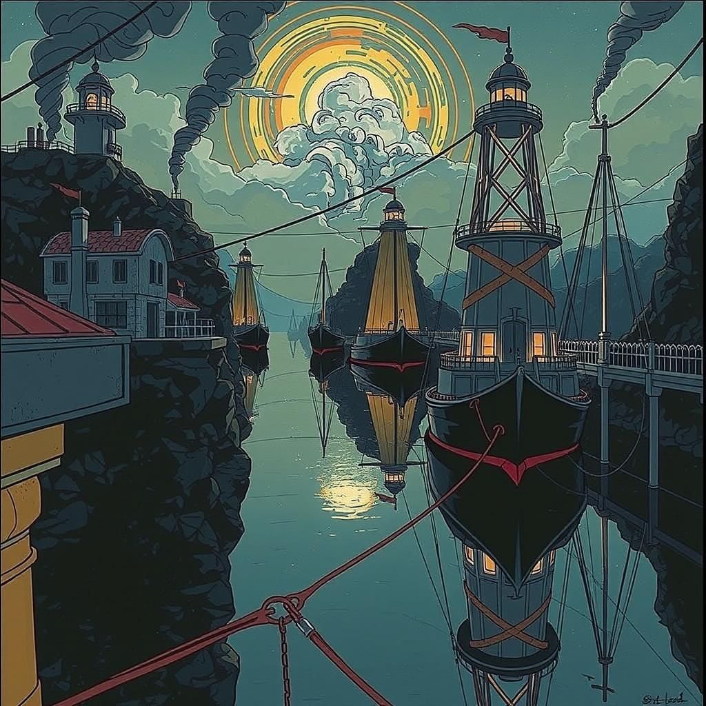 Lighthouse Passage at Sunset: A Fantasy Art Nouveau Scene
