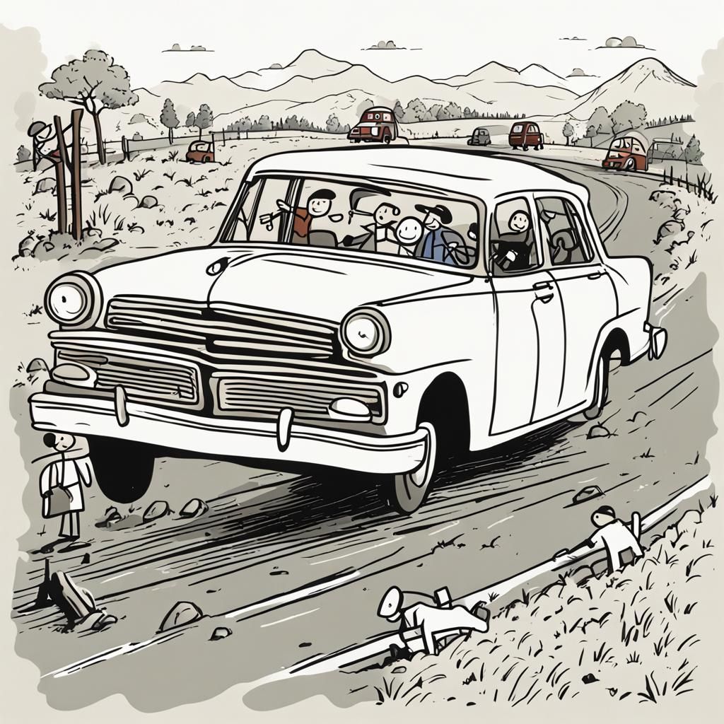 Stick Figures Push Car: A Simple Illustration