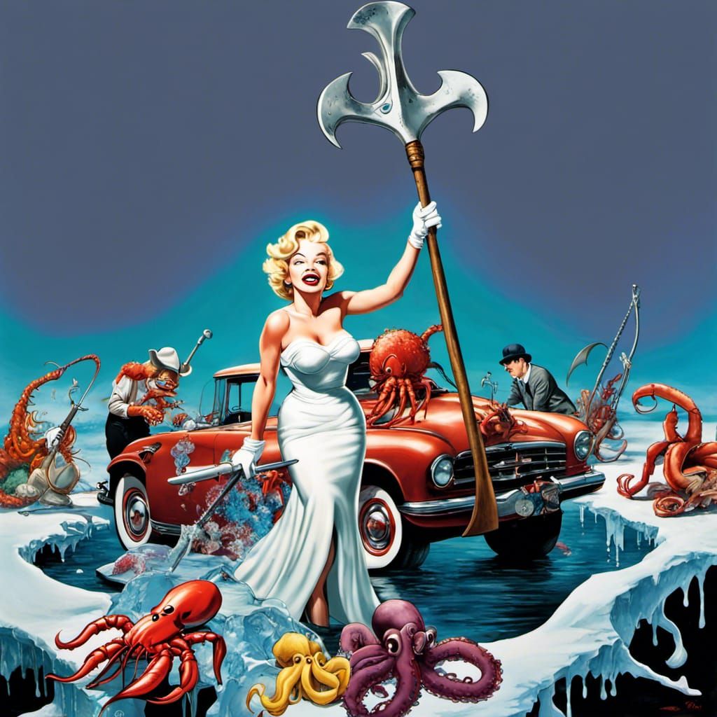 Surreal Icy Scene with Mickey, Marilyn, and Monkey