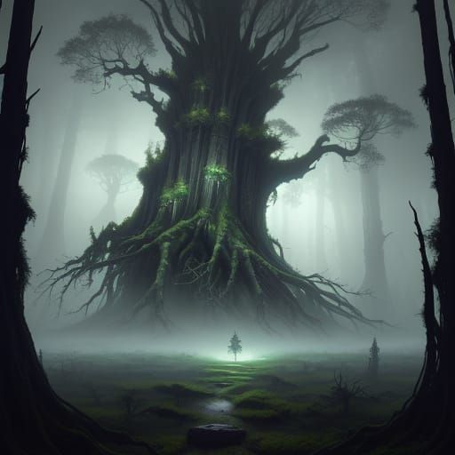 Ancient Tree Towers Over Forgotten Forest in Ethereal Landsc...