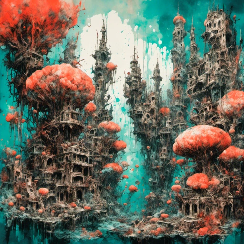 Underwater Coral City in Modern Ink Painting Style