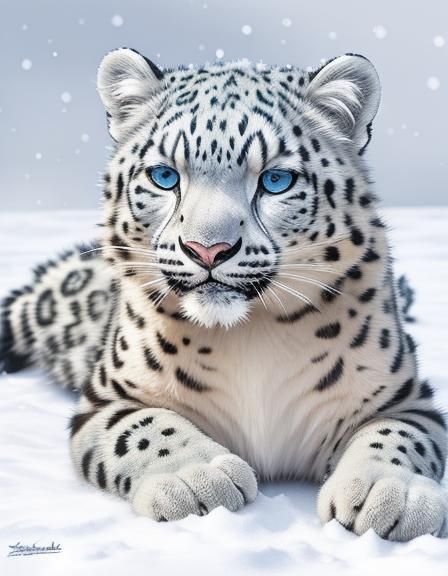 Playful Snow Leopard Rolling in Snow