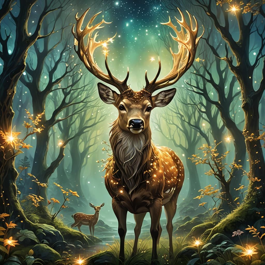 Enchanted Forest: Divine Deer Under Starry Sky