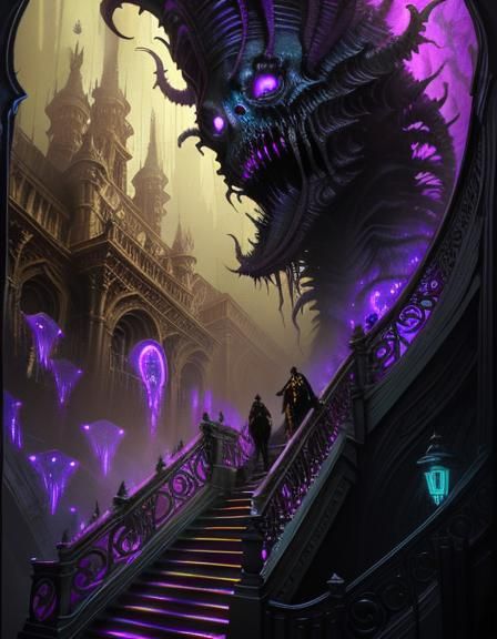 Horror Creature Ascending Stairs: Dark Fantasy Art