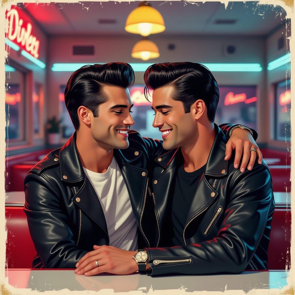 1950s Greasers Embrace in Vintage Diner