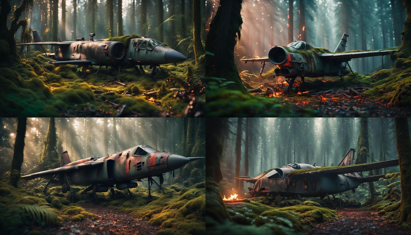 Crashed Plane and Forest Camp in Cyberpunk Style