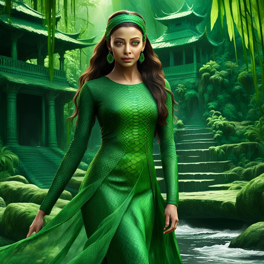 Mysterious Woman in Green Dress, Detailed Digital Art