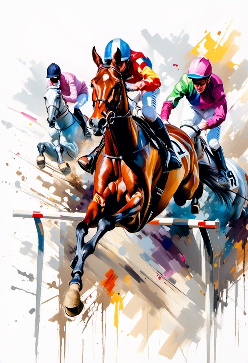 horses jumping over hurdles, bright coloured jokeys,