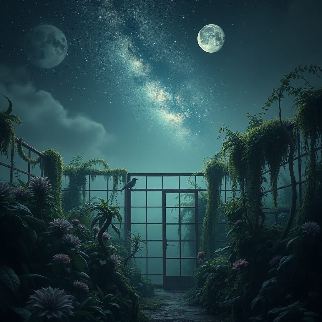An abandoned, overgrown greenhouse at midnight, where spectr...