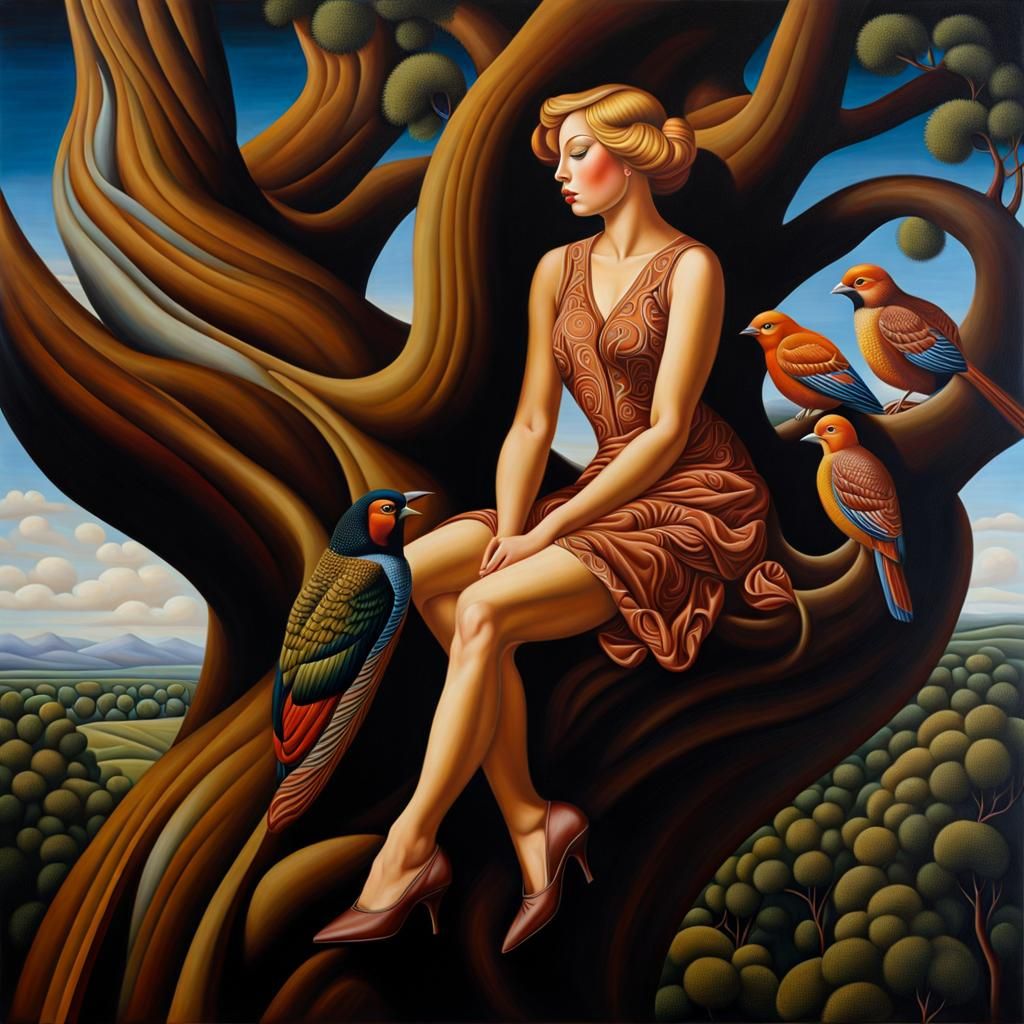 Girl on Tree: Oil Painting in Catherine Abel Style