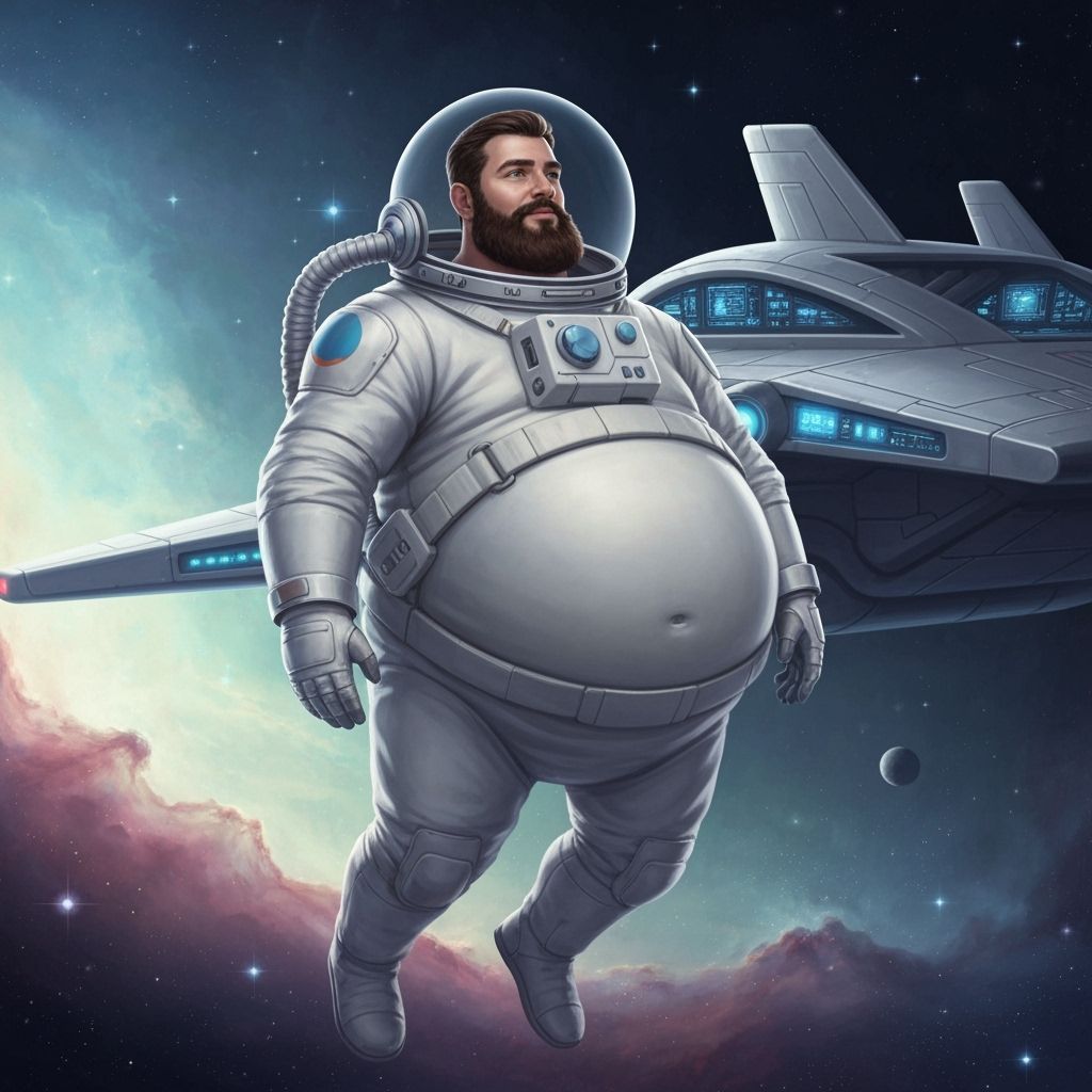 Astronaut with Round Belly in Space, Gouache Style