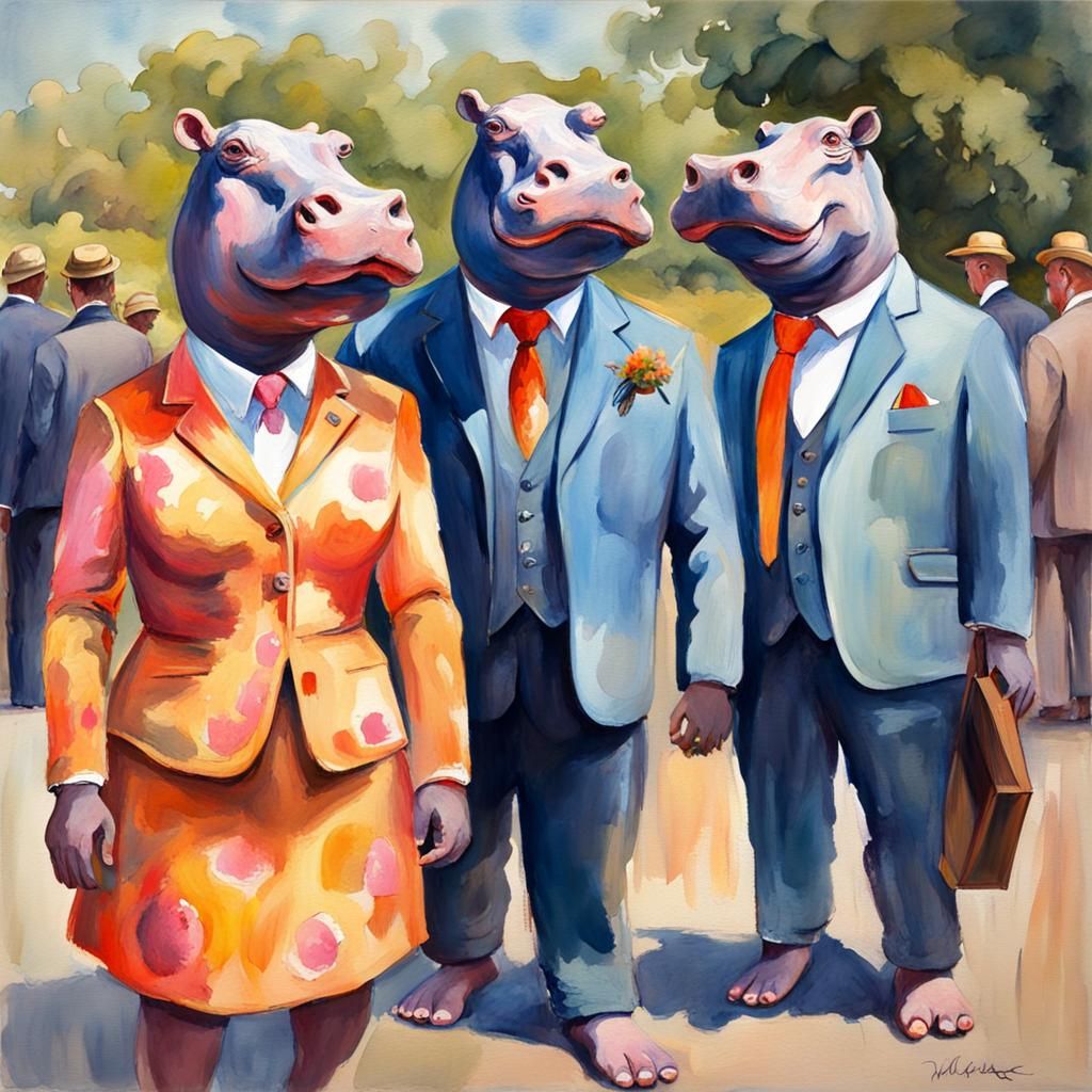 Hippo people wearing suits and dresses