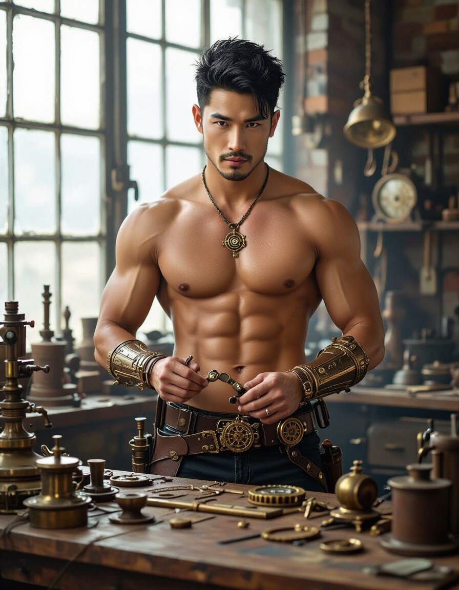Steampunk Asian Man In Workshop