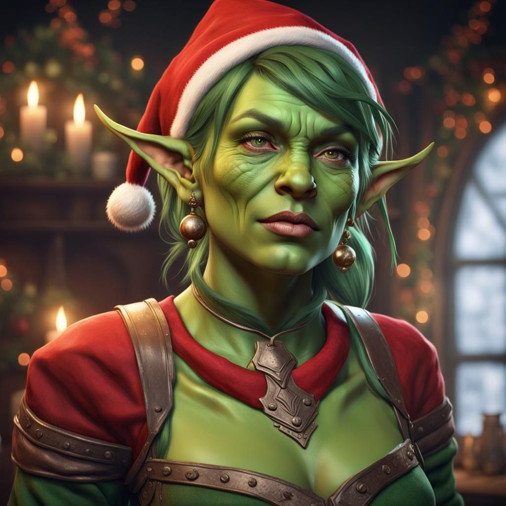Festive Green Orc Elf Portrait, Hyperdetailed Art